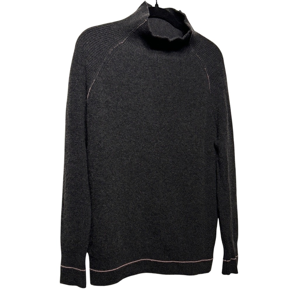 Kier +โ J Cashmere Mock Neck Sweater Charcoal Gray Pink Contrast Stitch Size L